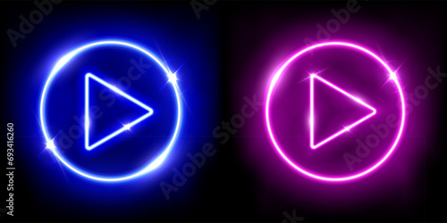 Collection of red and blue neon play buttons 3d vector illustration. Abstract shiny circle rings on black background with glowing triangle. Play icons, Press to start. Multimedia, audio, video, music