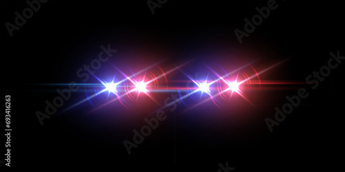 Police car flash effect on dark background. Patrol car emergency siren and red and blue flashers vector illustration