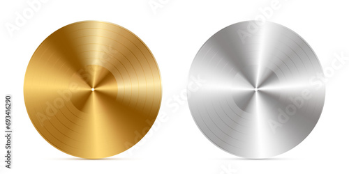 Realistic gold and silver vinyl disc vector illustration set isolated on white background. Music record album. Highest award for musicians. Songs and singers reward. Playlist for dj photo