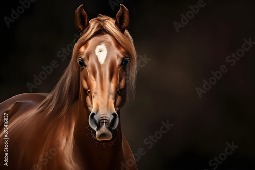 Portrait of a bay horse with long mane on dark background - Ai Generated