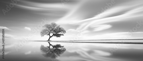 Black and White Minimalist Landscape Photography, Long Exposure Anamorphic Wallpaper Poster Banner Background Digital Art photo