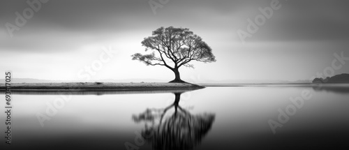 Black and White Minimalist Landscape Photography, Long Exposure Anamorphic Wallpaper Poster Banner Background Digital Art photo