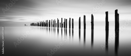Black and White Minimalist Landscape Photography  Long Exposure Anamorphic Wallpaper Poster Banner Background Digital Art