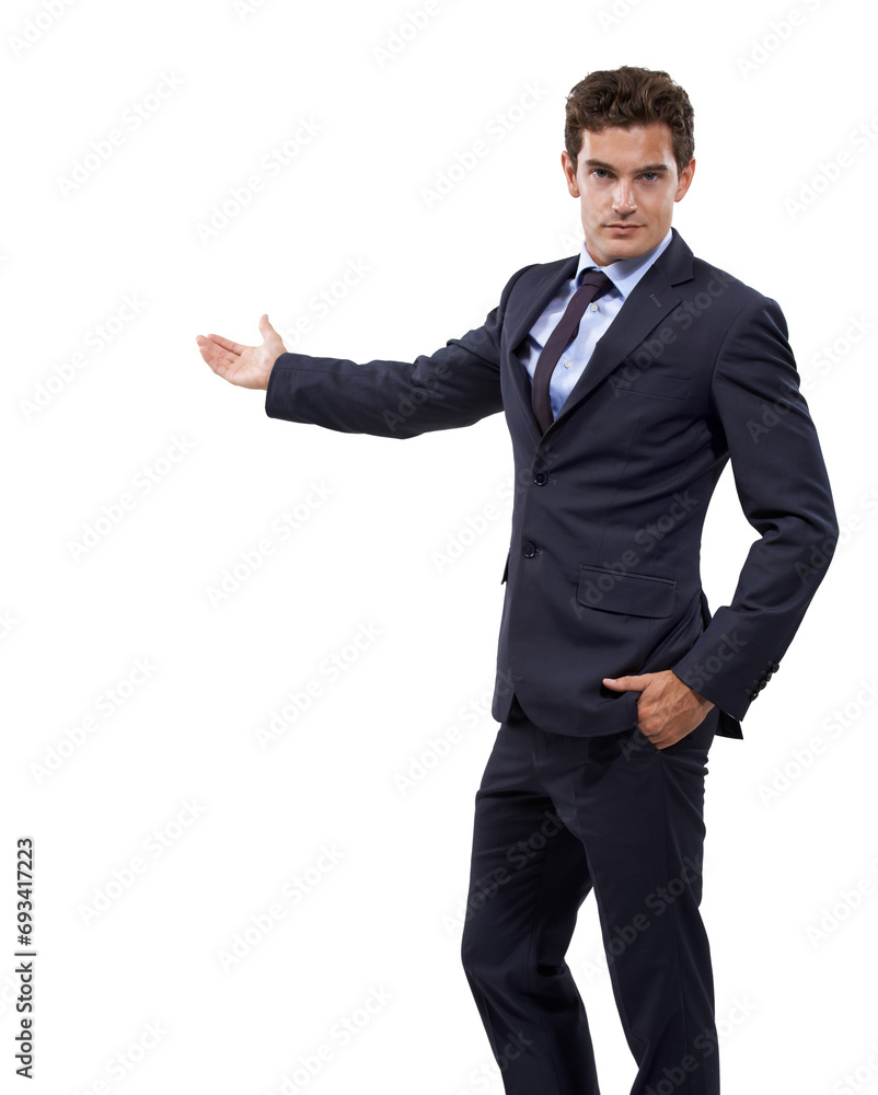 Studio portrait, advertising or professional man gesture at service news, notification space or commercial offer. Company sales launch, discount deal or businessman recommendation on white background Studio portrait, advertising or professional man gesture at service news, notification space or commercial offer. Company sales launch, discount deal or businessman recommendation on white background