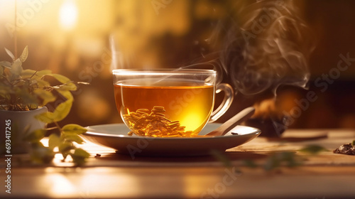 Cup of a warm and gourmet tea against a natural blurry background 