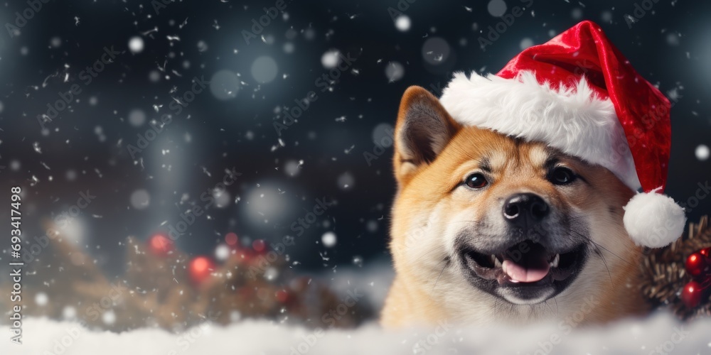 Cheerful akita dog in a christmas hat against a winter background with snowflakes and copyspace high quality 