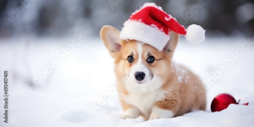 Corgi puppy with santa claus hat isolated on snow background, little dog with red hat