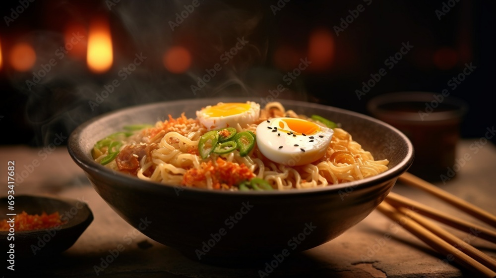 noodles with boiled eggs in bowl. generative ai