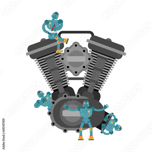 Mini robot Car mechanic and Engine. Nanorobots and Internal combustion engine. Car service of  future concept. Technologies of future in automobile