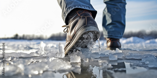 Danger of slipping. Boots on rough slipper ice surface.   Dangerous fishing
 photo