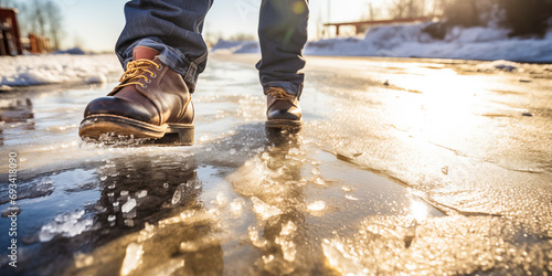 Danger of slipping. Boots on rough slipper ice surface.   Dangerous fishing
 photo