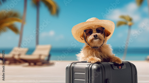 Travel with pets concept: a dog tourist in a straw hat and sunglasses on vacation sits next to suitcases on a sunny beach with palm trees near the sea photo