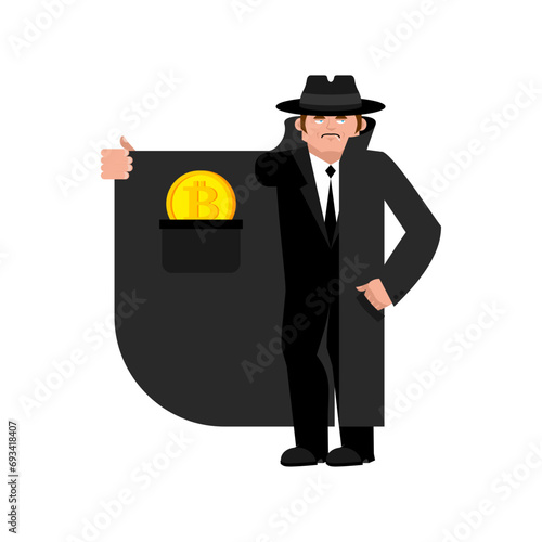 Cryptocurrency smuggler. Illegal sale of Bitcoin. Black market money laundering concept.