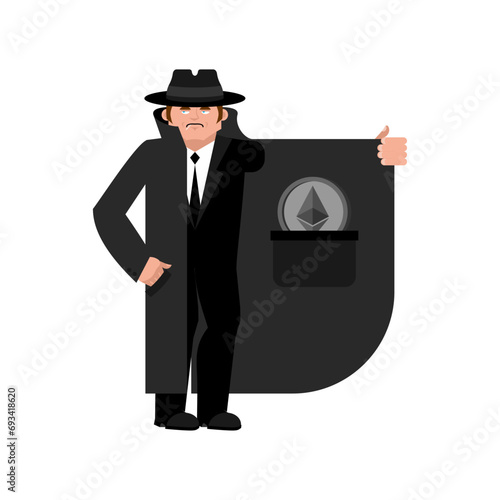 Cryptocurrency smuggler. Illegal sale of Bitcoin. Black market money laundering concept.