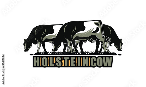 HOLSTEIN CATTLE EATING GRASS LOGO, silhouette of milk cow in farm vector illustrations
