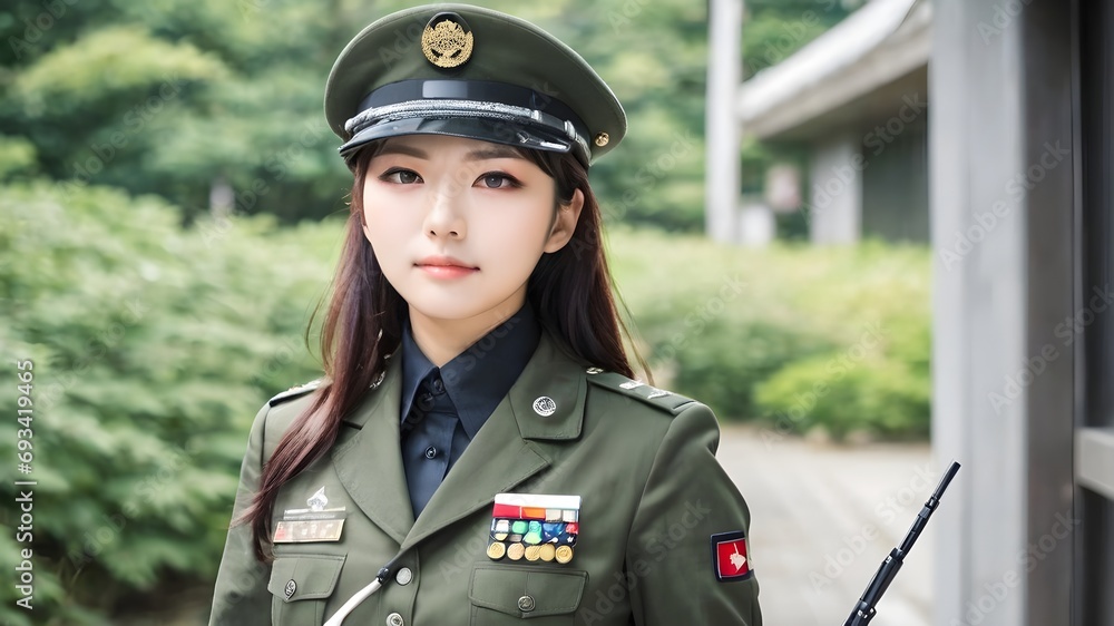 Cute Asian Girl In Military Suit Background Cute Asian Girl In Military Suit Background