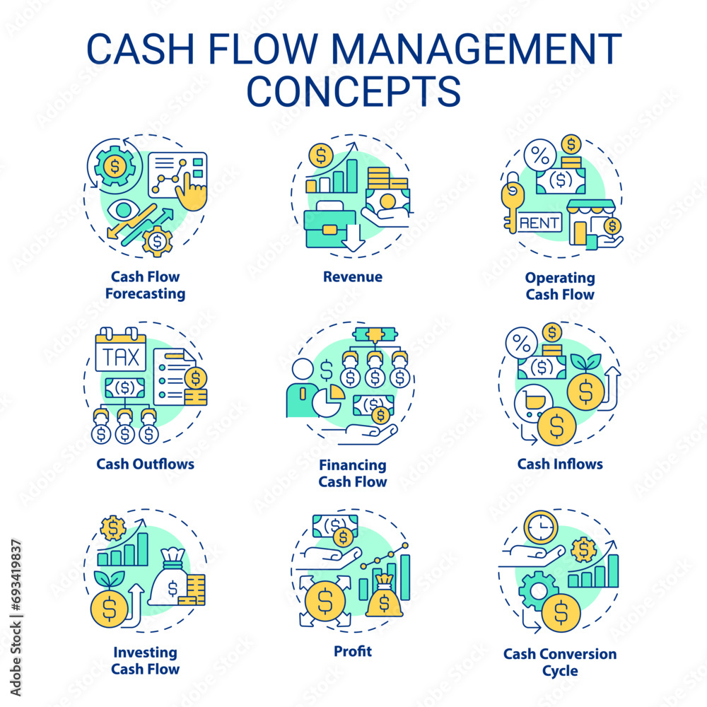Set of 2D editable colorful thin line icons representing cash flow management, isolated simple vector, linear illustration.