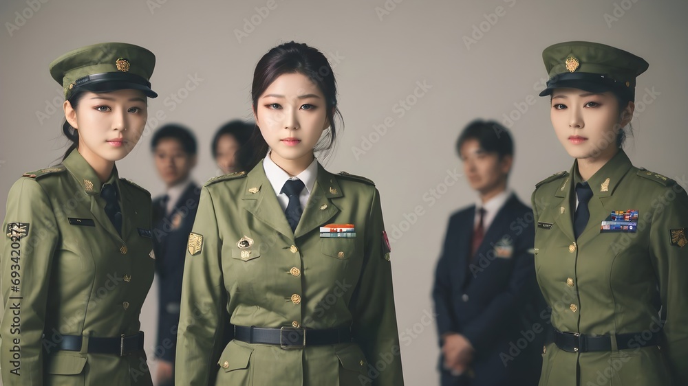 Cute Asian Girl In Military Suit Background Cute Asian Girl In Military Suit Background