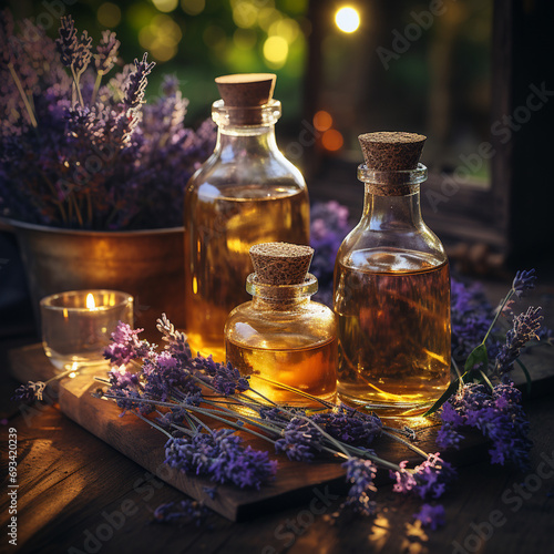 Essential Aromatic oil and lavender flowers, natural remedies, aromatherapy. Calm, relax, sleep concept