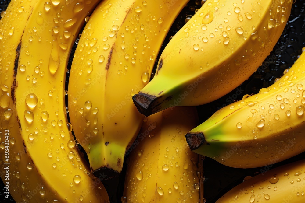Fresh bananas background with water drops.