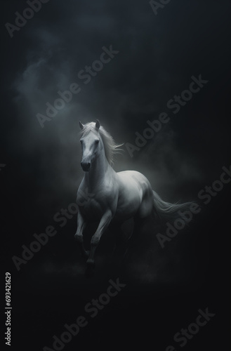 Fantasy white galloping horse - horse deity - horse god - dark background - misty, foggy, smokey - Mysterious portrait of a horse - Cinematic movie poster style