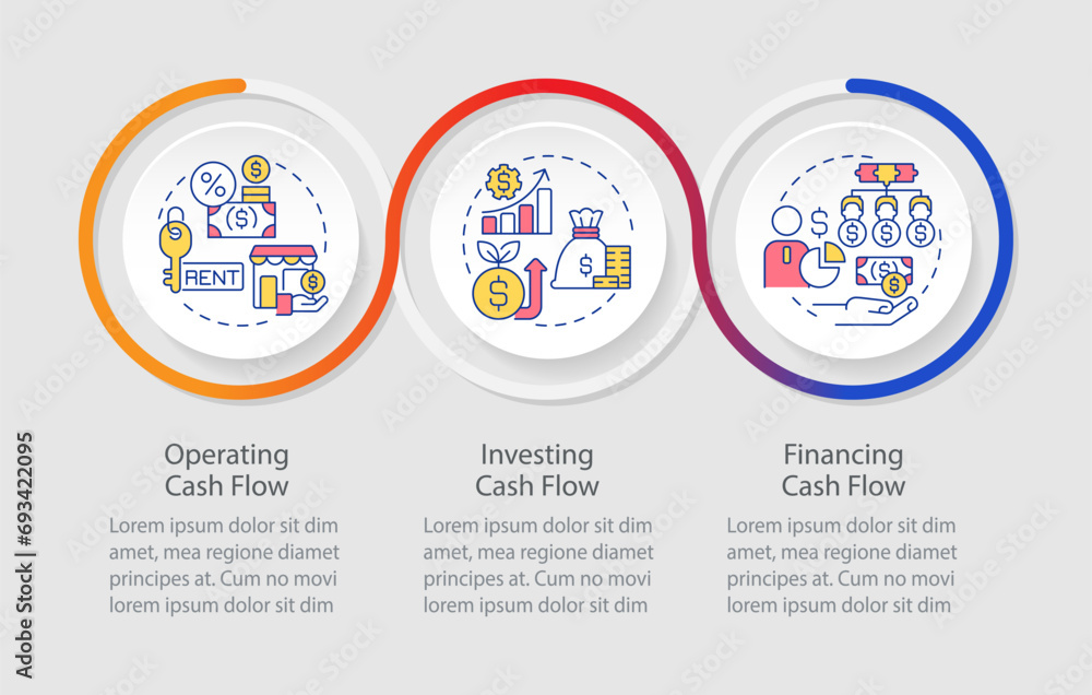 2D cash flow vector infographics template with creative colorful line icons, data visualization with 3 steps, process timeline chart. 2D cash flow vector infographics template with creative colorful line icons, data visualization with 3 steps, process timeline chart.