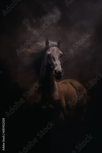 Fantasy brown horse - horse deity - horse god - dark background - misty, foggy, smokey - Mysterious portrait of a horse - Cinematic movie poster style