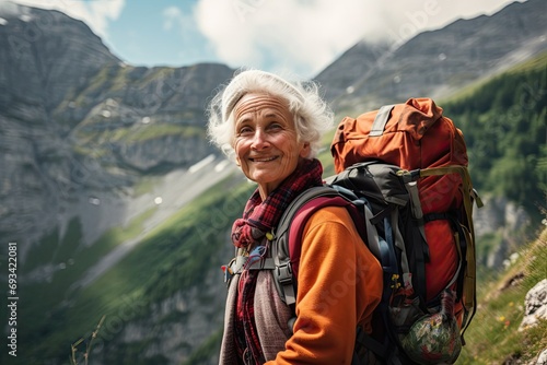 An elderly woman stands with a backpack in hiking trekking clothes against the backdrop of nature and mountains. Active recreation, travel, mental health in retirement.