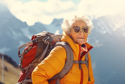 An elderly woman stands with a backpack in hiking trekking clothes against the backdrop of nature and mountains. Active recreation, travel, mental health in retirement.