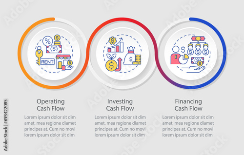 2D cash flow vector infographics template with creative colorful line icons, data visualization with 3 steps, process timeline chart.