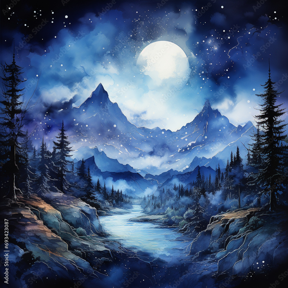 Watercolor night sky in blue colors with mountains, background