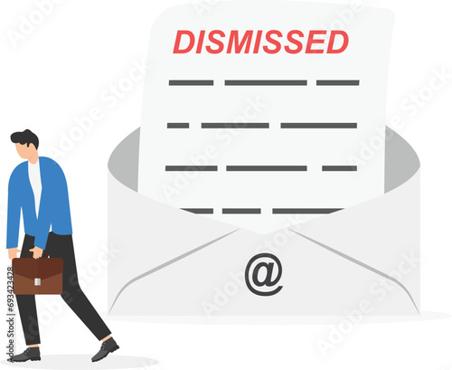 Layoff email sending to employees to inform them of a job dismissed or fired, end career or staff layoff due to economic recession concept, unemployed businessman walk away from dismissed email with h