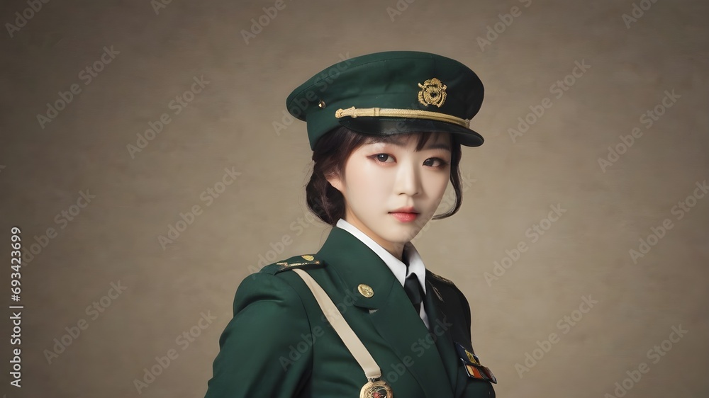 Cute Asian Girl In Military Suit Background Cute Asian Girl In Military Suit Background