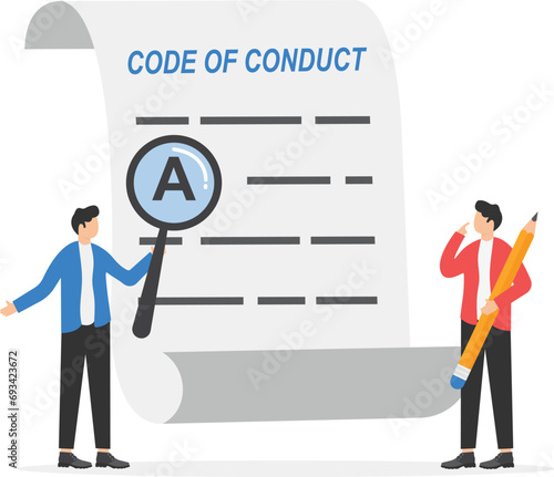Business Team writing code of conduct document. Ethical policy, regulation, principles guideline for work responsibility, compliance document. Flat vector illustration.

