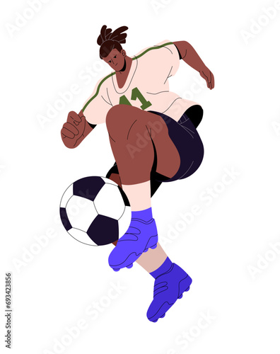Football player kicks ball with foot. Professional sportsman in soccer shoes plays team sport game. Young man with dreadlocks training to score goal. Flat isolated vector illustration on white