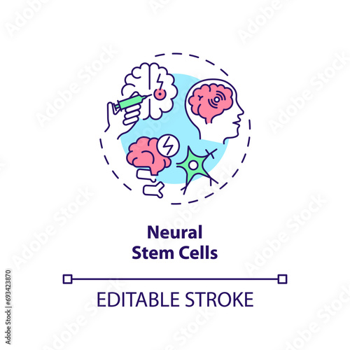 2D editable multicolor neural stem cells icon, simple isolated vector, thin line illustration representing cell therapy.