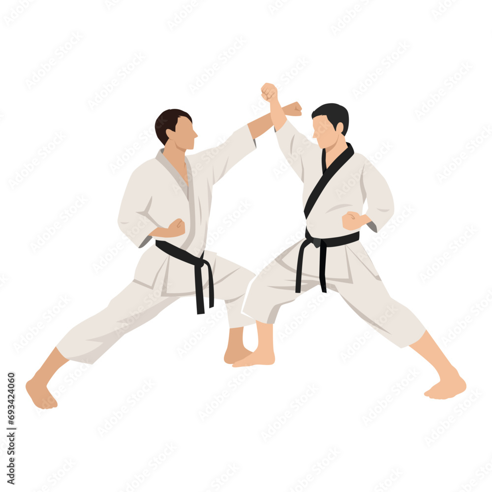 Fighting training in Karate. Karate is a martial art originating from Japan. Flat vector illustration isolated on white background