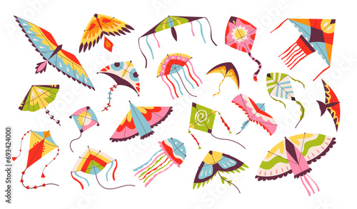 Flying wind kites of different different shape set. Kids paper kite toys with ribbon and tailtoys. Makar Sankranti. Flat vector illustration 