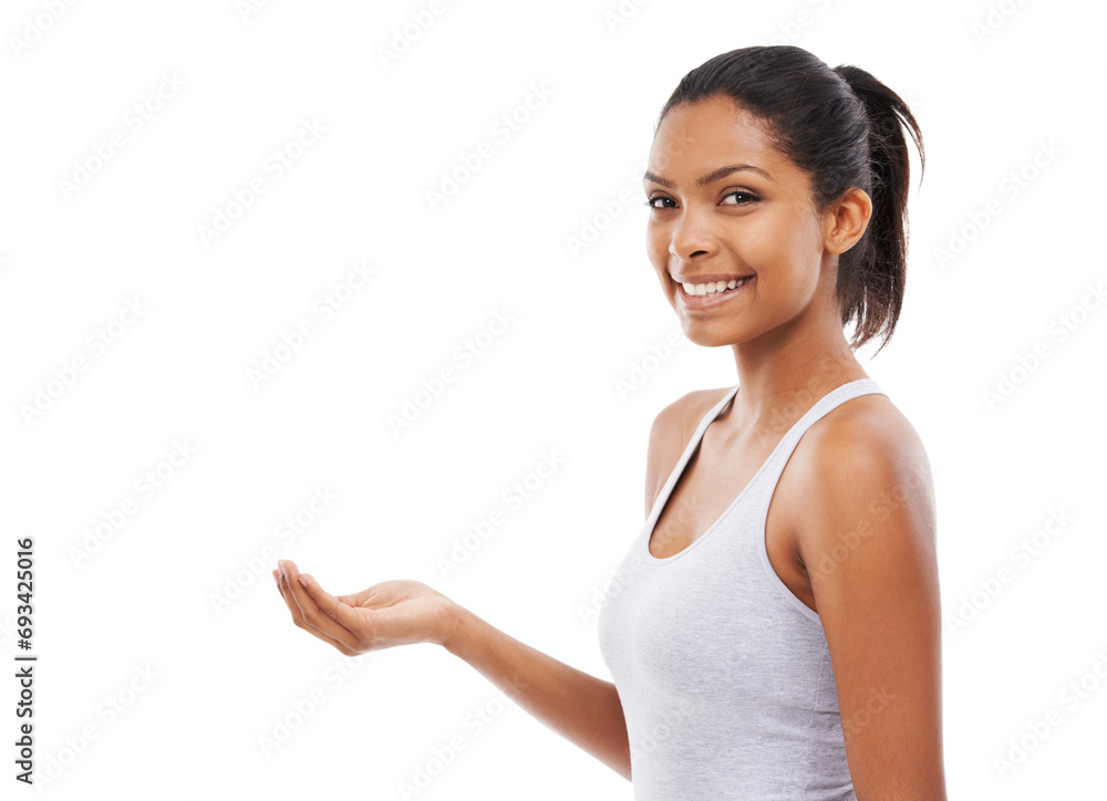 Portrait, advertising and space in the palm of a woman in studio isolated on white background for promo. Smile, marketing or presentation and the hand of a confident young person holding empty mockup Portrait, advertising and space in the palm of a woman in studio isolated on white background for promo. Smile, marketing or presentation and the hand of a confident young person holding empty mockup