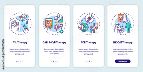 2D icons representing cell therapy types of immunotherapy mobile app screen set. Walkthrough 4 steps multicolor graphic instructions with thin line icons concept, UI, UX, GUI template.