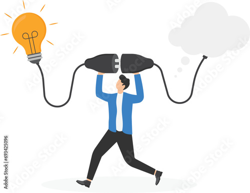 Thoughtful businessman sitting like a thinker on a thinking bubble. Think of solutions, critical thinking to solve problems, focus on new ideas, concentration or philosophy, skeptical or rational conc