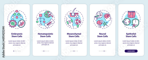 2D icons representing types of stem cell mobile app screen set. Walkthrough 5 steps multicolor graphic instructions with linear icons concept, UI, UX, GUI template. photo