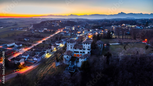 Cassacco Castle. Friuli hills at sunset.