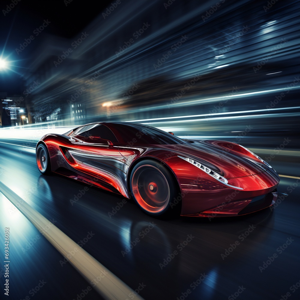Harnessing the Potential of an Electric Car. Futuristic racing sports car neon background.