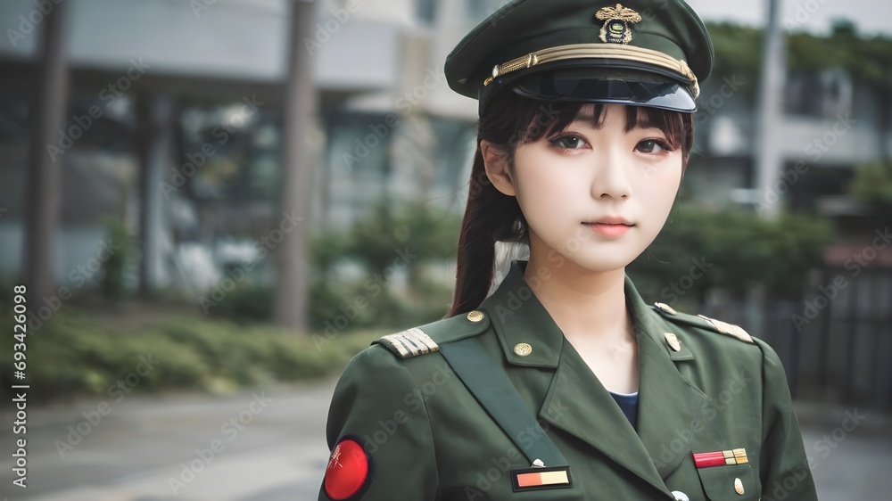 Cute Asian Girl In Military Suit Background Cute Asian Girl In Military Suit Background