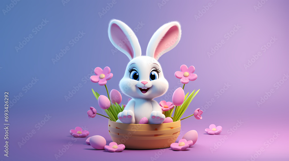 Obraz premium Adorable 3D Easter bunny icon with pastel eggs on gentle backdrops, perfect for holiday gifting and decor