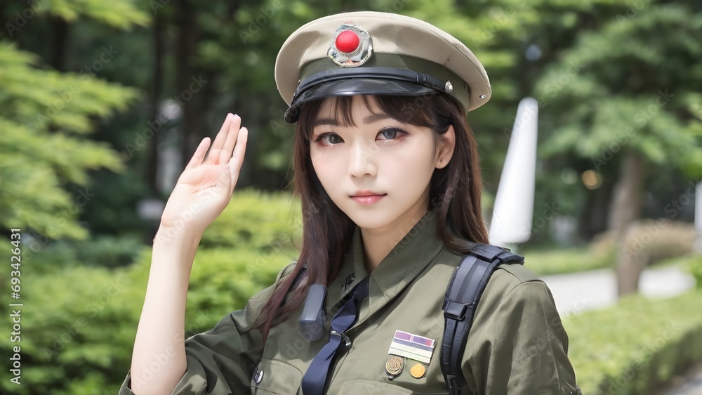Cute Asian Girl In Military Suit Background Cute Asian Girl In Military Suit Background
