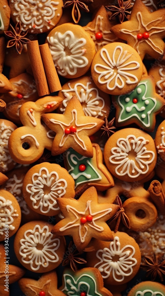 Lots of christmas cookies swirl around a pile of christmas cookies seamless background.