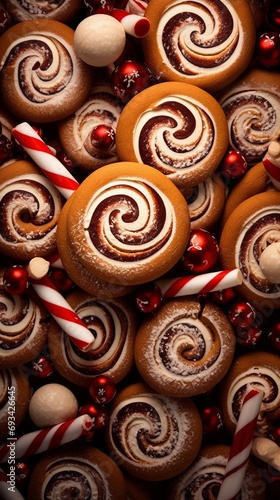 Lots of christmas cookies swirl around a pile of christmas cookies seamless background.