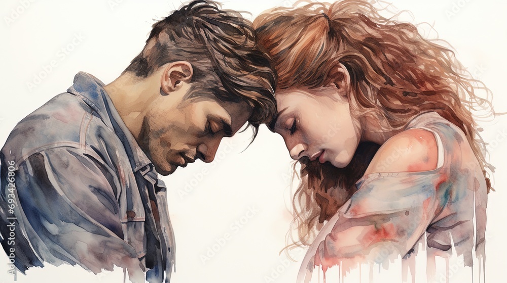 Watercolor portrait sad couple in love - obrazy, fototapety, plakaty 